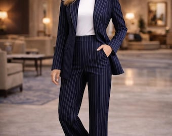 Women’s Navy Pinstripe Pantsuit Set | Tailored Wide Leg Office Suit