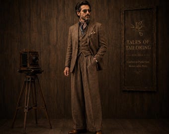 Può includere: Un abito in tweed marrone con gilet abbinato e pantaloni a gamba larga. L'abito è indossato con una sciarpa fantasia e occhiali da sole. Una macchina fotografica d'epoca su un treppiede e un cartello con la scritta "TALES OF TAILORING" sono sullo sfondo.