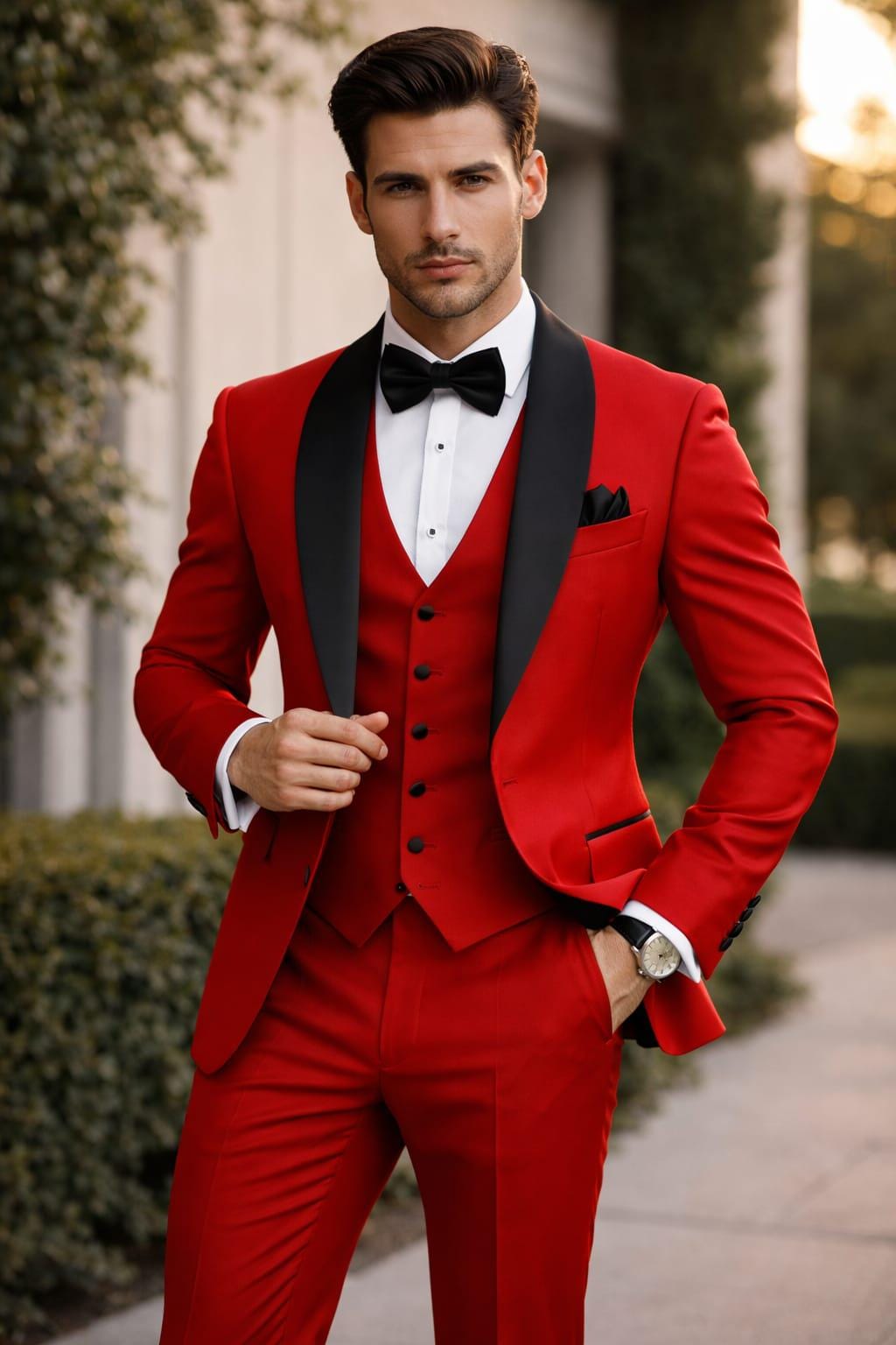 fitted lace wedding dress Zapaka Black Red Shawl Lapel One Button Men's Prom Suits with Butterfly, Black Red / 2XL main image 0