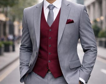 Men’s Light Grey 3 Piece Suit, Maroon Vest, Slim Fit Wedding Formal Outfit