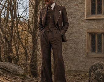 1930er Jahre brauner Leinen-Bräutigamanzug | Alte Geldhose, zweireihig geknöpft