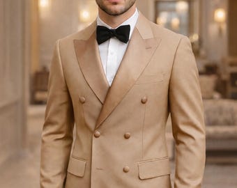 Warmer sandbeige Herren zweireihiger Hochzeits-Smoking 2-teiliger Hochzeitsanzug