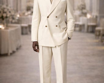 Herren Elfenbein Zweireiher Zweiteiler Anzug, Hochzeit Bräutigam Abschlussball maßgeschneiderte formelle Kleidung