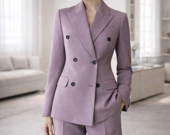 Women’s Lavender Double Breasted Pantsuit, Wide Leg Trouser Suit