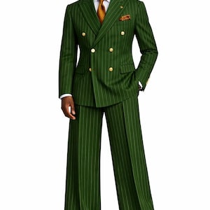 May include: A green double-breasted suit with white pinstripes. The suit features gold buttons, a matching pocket square, and a patterned tie. The wide-leg pants complete the formal ensemble.