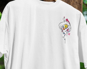 Camiseta con arte lineal de rostro abstracto: camiseta colorida con retrato pop art