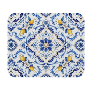 Lemon Tile Pattern Mouse Pad - Citrus Blue Floral Desk Mat