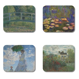 May include: A set of four rectangular coasters featuring impressionist art prints. The designs include a green bridge over a pond, colorful water lilies, a figure holding a green parasol under a blue sky, and a house surrounded by a vibrant flower garden.