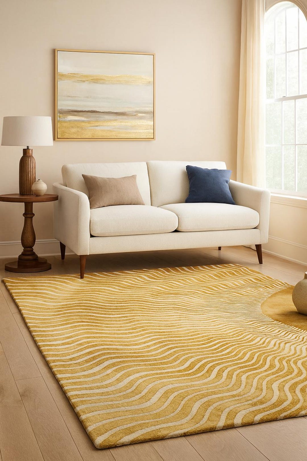 Hand-tufted Golden Sunburst Area Rug — Abstract Wavy Lines, Plush Gold ...