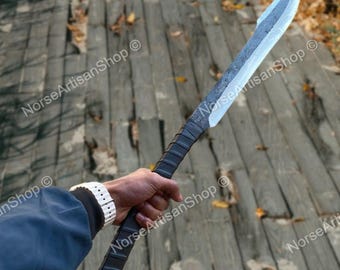 Lanza espartana de acero de Damasco forjada a mano: empuñadura de resina y funda de cuero / Lanza vikinga
