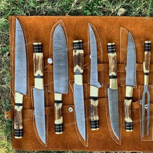 Handmade Damascus Chef Knife Set of 9 – Custom Forged Kitchen Knives with Deer Antler Handle – Perfect Gift for Her & Cooking Enthusiast