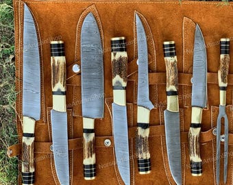 Ensemble de 9 couteaux de chef damas faits main - Couteaux de cuisine forgés personnalisés avec manche en bois de cerf - Cadeau parfait pour elle et un passionné de cuisine