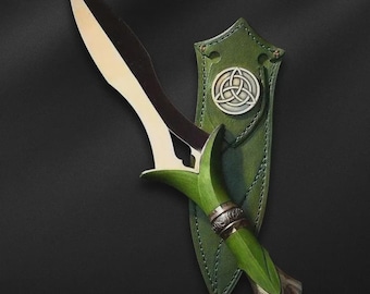 Keltische triquetra Athame met groene leren schede | Decoratief ritueel mes | Mes in Noorse Viking-stijl | Verzamelcadeau voor hem