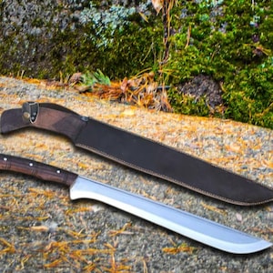 Handmade Carbon Steel Survival Machete: Rosewood Handle, Leather Sheath