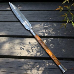 30&quot; Damascus Steel Viking Spear | Hand-Forged Rosewood Handle | Medieval Decor & Cosplay Prop | Norse Inspired Art Piece