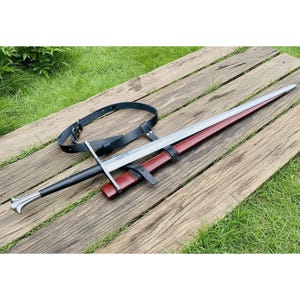Hand Forged Longsword | Full Tang High Carbon Steel Greatsword with Red Leather Scabbard | Collector Quality Knight Sword Gift