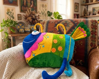 Handmade Art Plush Pillow,Funky Colorful Fish,OOAK  Statement Pillow