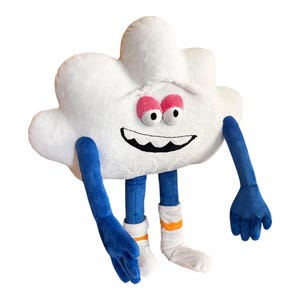 May include: A plush toy shaped like a white cloud with a smiling face, pink eyelids, and black embroidered eyes and mouth. It features long blue arms and legs, with white socks accented by orange stripes at the ankles, standing upright.