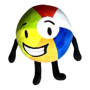 May include: A plush toy shaped like a beach ball, featuring segments of red, white, blue, green, yellow, and orange. It has black arms and legs, and a smiling face with black eyes. The toy is designed to resemble a cartoon character.