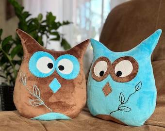 Handmade Plush Owl Pillows, Brown & Blue, Set of 2