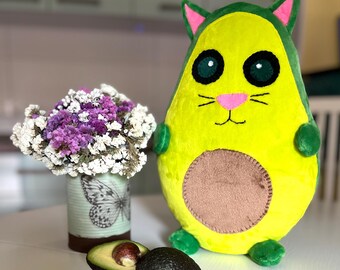 Handmade Avocado Cat Plush Toy, Kawaii Stuffed Animal, Cat Lover Gift