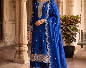 Conjunto de salwar kameez azul marino de diseñador / Kurta palazzo con bordados elaborados y dupatta / Traje para invitada de boda india / Traje de fiesta pakistaní