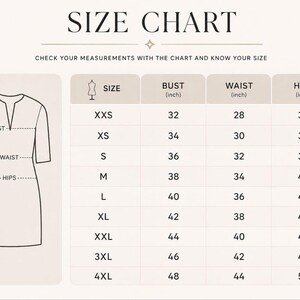 May include: Size chart with bust, waist, and hip measurements in inches. The chart includes sizes from XXS to 4XL, with corresponding measurements for each size. The text "CHECK YOUR MEASUREMENTS WITH THE CHART AND KNOW YOUR SIZE" is at the top.