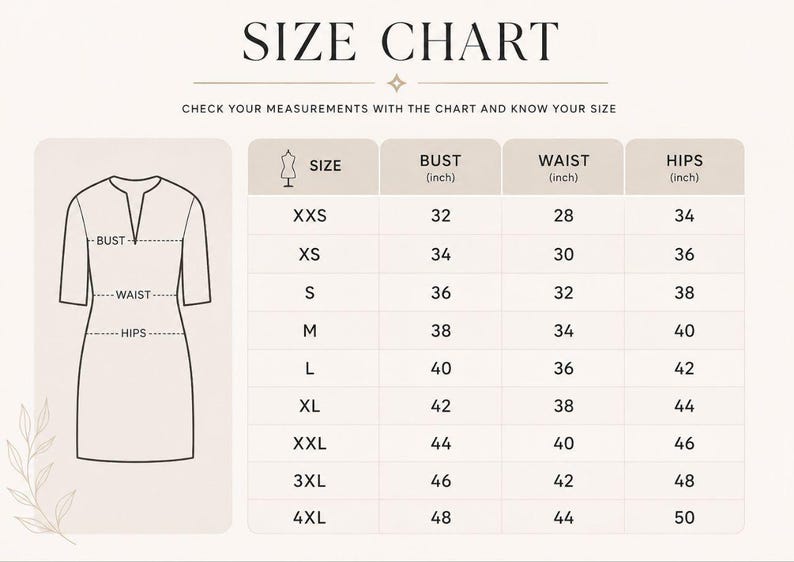 May include: Size chart with bust, waist, and hip measurements in inches. The chart includes sizes from XXS to 4XL, with corresponding measurements for each size. The text "CHECK YOUR MEASUREMENTS WITH THE CHART AND KNOW YOUR SIZE" is at the top.