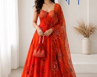 Red Floral Organza Printed Lehenga Choli with Sequined Corset Blouse & Matching Potli Bag, Ready to Wear Designer Printed Silk Ghagra Choli