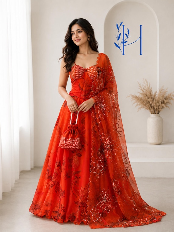 Red Floral Organza Printed Lehenga Choli with Sequined Corset Blouse & Matching Potli Bag, Ready to Wear Designer Printed Silk Ghagra Choli