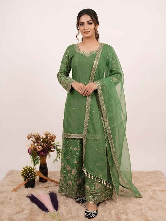 Zari Green Silk Kurti Palazzo Dupatta Set, Pakistani Heavy Embroidered Ethnic Wear, Wedding & Festive Outfit for Women, Ready to Wear Suit