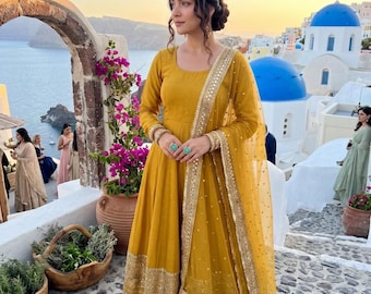 Premium Mustard Yellow Roman Silk Anarkali Suit Set for Women | Indian Wedding Gown | Sequence Work Punjabi Suit, Eid & Haldi Dress