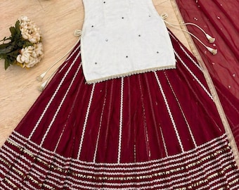 Women’s Red Lehenga Choli Set with Mirror Work, Sleeveless Fendy Silk Blouse, Embroidered Georgette Lehenga,Indian Wedding Party Wear Outfit