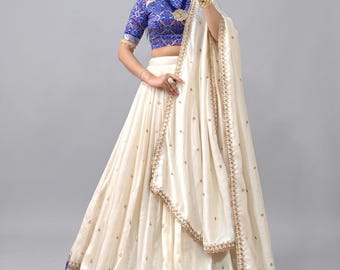Embroidered Silk Lehenga Choli with Dupatta, Stitched White and Blue Ghagra Choli, Bridal Shower Dress, Festive Ethnic Wear, Indian Skirt
