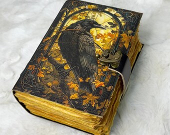 Embossed Raven Leather Journal, Deckle Edge, Vintage Style