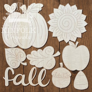 DIY Fall Pumpkin (6&quot;x6&quot;), Sunflower, Leaf, Apple, Acorn, Candy Corn, and &quot;Fall&quot; Word 3mm Basswood Cutouts. Set of 9 Designs. Only Wood Incl.