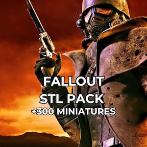 Può includere: Illustrazione digitale di un personaggio del videogioco Fallout, con una pistola. L'immagine include il testo "FALLOUT STL PACK +300 MINIATURES" e il logo NSFW/MAGIC. Il personaggio indossa un elmetto e un cappotto.