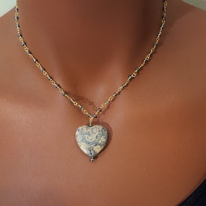 Jasper heart pendant with 14k gold fill wire wrap and black seed pearls