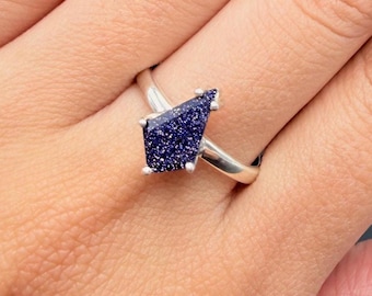 14k Gold Kite Blue Sandstone Ring, Hexagon Engagement Ring Set