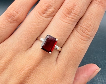 Garnet Engagement Ring Deep Red Stone Halo Ring Sterling Silver Wedding Ring January Birthstone Ring