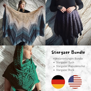 May include: A selection of handmade crochet items, including a shawl with a gradient of beige to blue, a purple skirt, and a green hooded scarf. The image also includes the text "Stargzer Bundle".