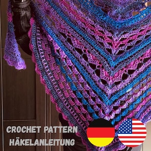 Xale Triangular Ondas Calmantes - Padrão de crochê para iniciantes e crocheteiras avançadas - Faça um xale triangular em crochê - Alemão e inglês com fotos