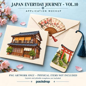 Japan Everyday Journey Vol.10 - Stationery set application mockup. Application mockup. PNG artwork only; physical items and editable layouts not included.