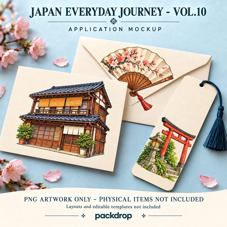Japan Everyday Journey Vol.10 - Stationery set application mockup. Application mockup. PNG artwork only; physical items and editable layouts not included.