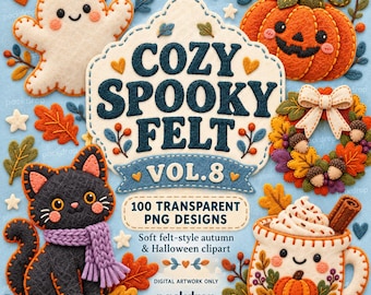 Cozy Spooky Felt Clipart, Autumn Halloween Illustrations (100 PNGs)