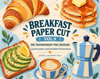 Images clipart de découpage de papier pour le petit-déjeuner, 100 PNG transparents, illustrations de boulangerie, café et nourriture (téléchargement numérique)