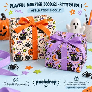 Playful Monster Doodles Pattern Vol.1 - Gift wrap application mockup. Application mockup. Digital-paper artwork only; physical items and editable layouts not included.