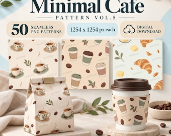 Patrones minimalistas sin costuras para cafeterías, 50 imágenes PNG de café (descarga digital)