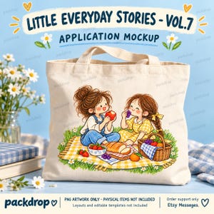 Little Everyday Stories Vol.7 - Canvas tote application mockup. Application mockup. PNG artwork only; physical items and editable layouts not included.