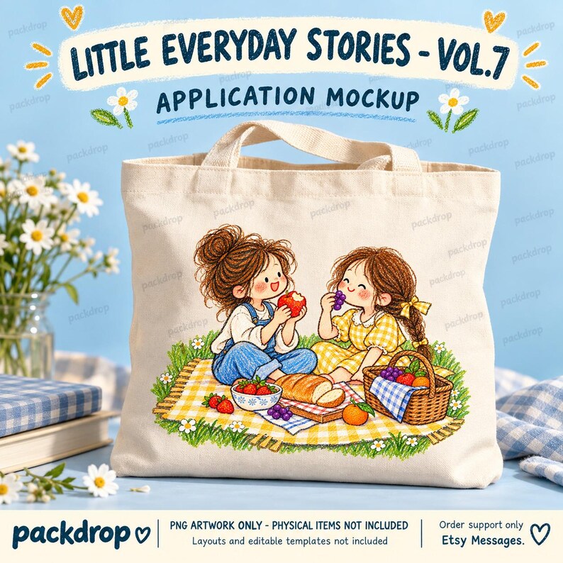 Little Everyday Stories Vol.7 - Canvas tote application mockup. Application mockup. PNG artwork only; physical items and editable layouts not included.
